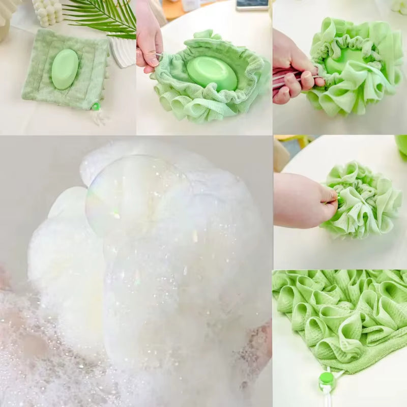 Soft Exfoliating 2-in-1 Bath Loofah with Drawstring Soap Closure - Reusable Mesh Shower Sponge for Skin Care