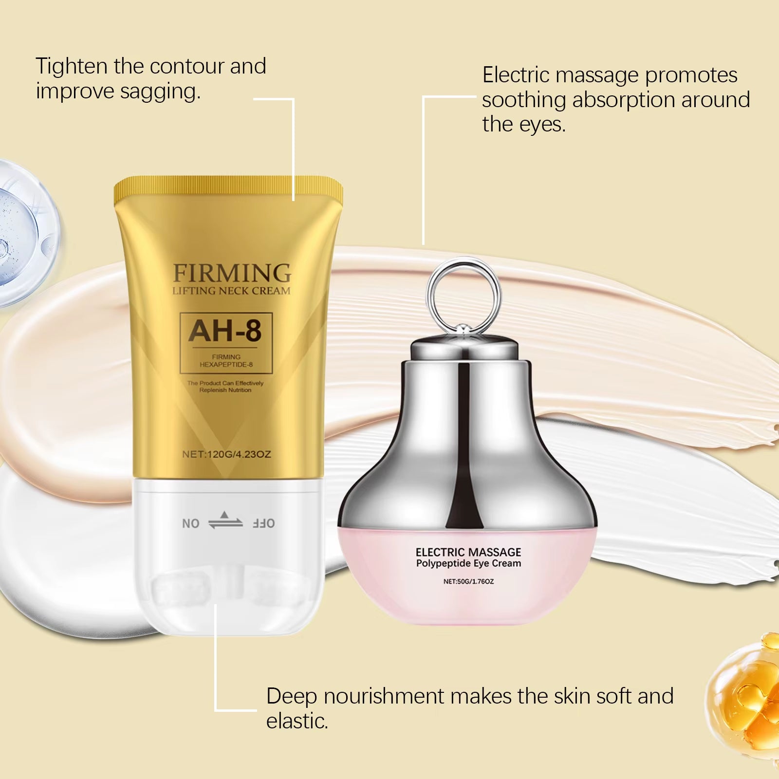 AH-8 Electric Neck and Eye Care Set - Revitalizing Massage Cream and Firming Lotion for Smooth Skin, Fine Line Reduction, and Deep Moisturization