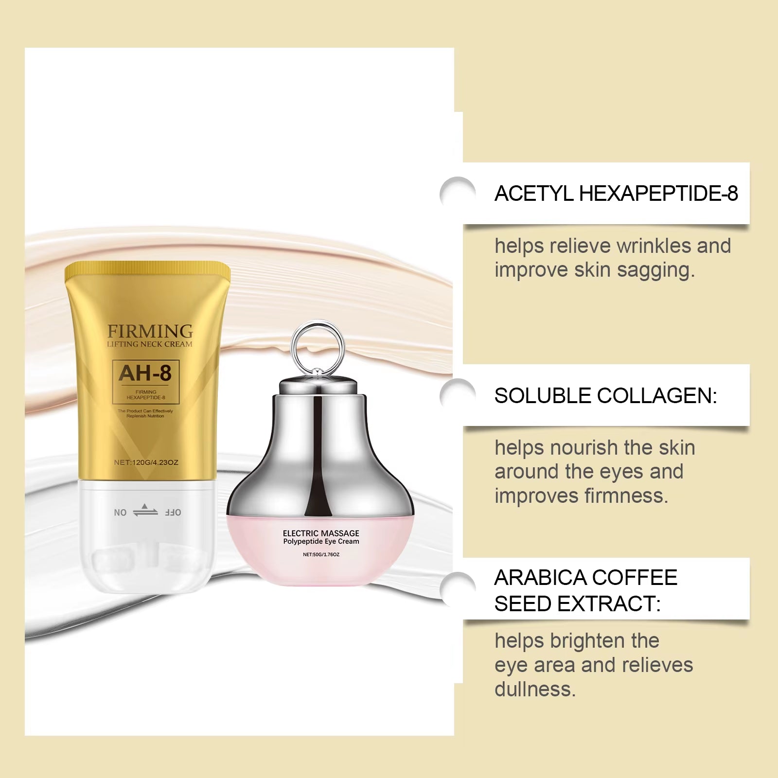 AH-8 Electric Neck and Eye Care Set - Revitalizing Massage Cream and Firming Lotion for Smooth Skin, Fine Line Reduction, and Deep Moisturization