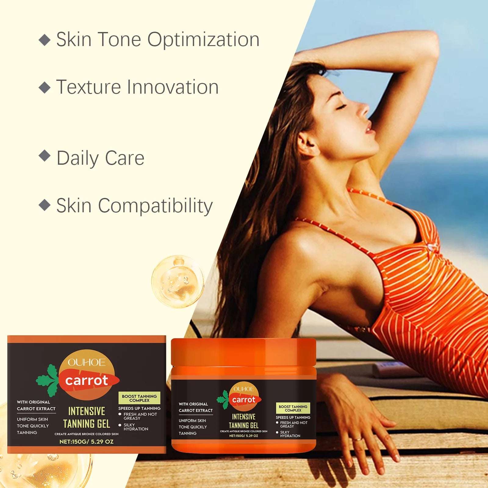 Carrot Tanning Gel - Hydrating, Lightweight, and Fast-Absorbing Bronzing Gel for Natural Sunless Tan Enhancement for Face and Body