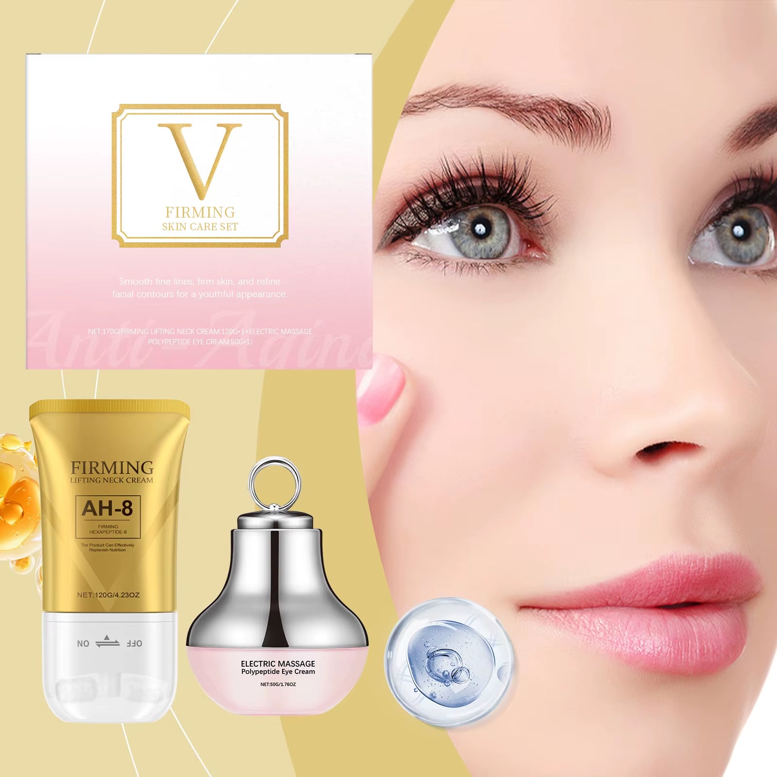 AH-8 Electric Neck and Eye Care Set - Revitalizing Massage Cream and Firming Lotion for Smooth Skin, Fine Line Reduction, and Deep Moisturization