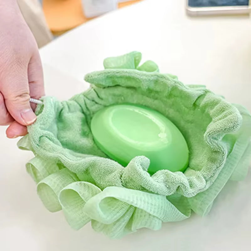 Soft Exfoliating 2-in-1 Bath Loofah with Drawstring Soap Closure - Reusable Mesh Shower Sponge for Skin Care